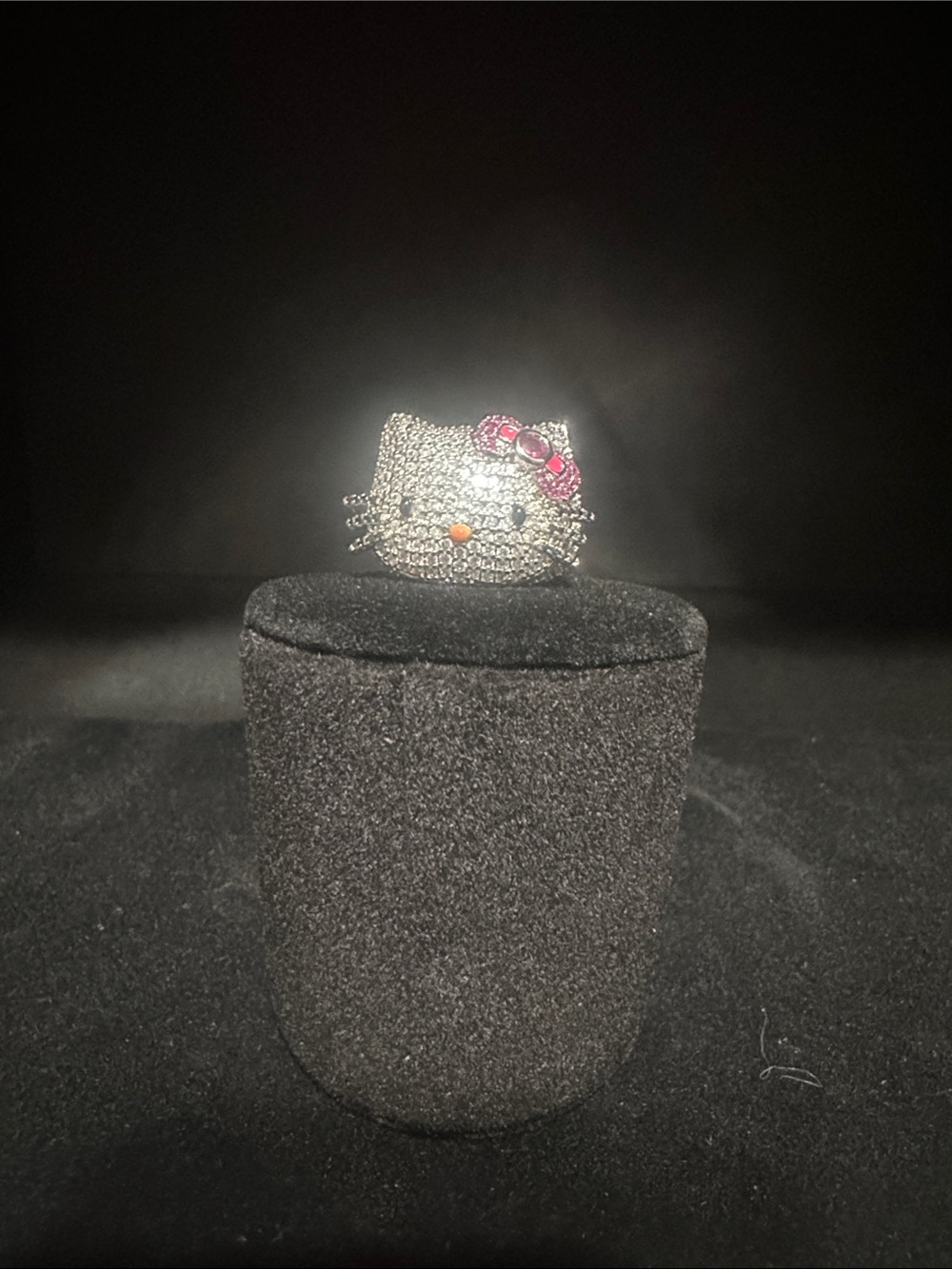 Crystal Hello Kitty  Face Ring with Pink Bow - Silver Tone